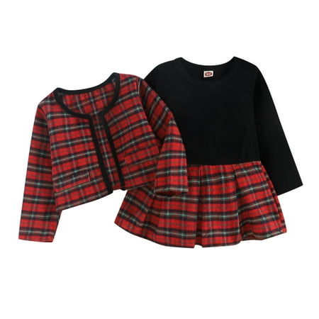 

Toddler Baby Girls Long Sleeve Patchwork Plaid Princess Dress Round Collar Coat Outfit Set Clothes 2PCS