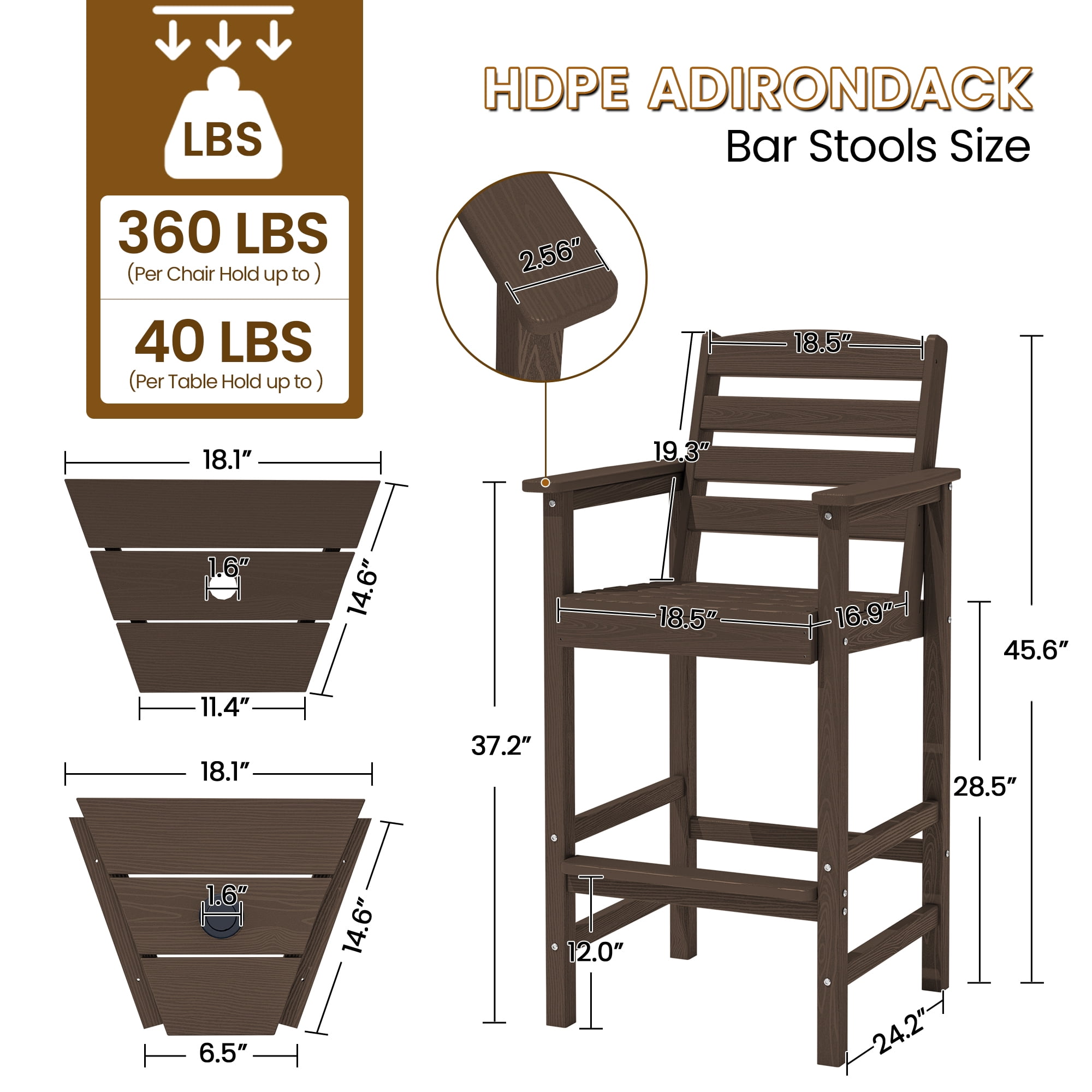 SERWALL Tall Adirondack Chairs Set of 2 with Connecting Table, HDPE Adirondack Outdoor Barstools, Coffee