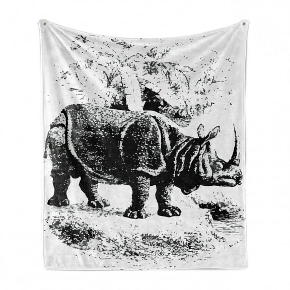 Animal Soft Flannel Fleece Throw Blanket, Vintage Zoology Engraving Monochrome Mammal with Horns Pattern, Cozy Plush for Indoor and Outdoor Use, 50" x 70", Charcoal Grey and Pale Taupe, by Ambesonne