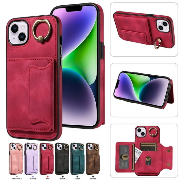 Nalacover for iPhone 14 Plus Ring Holder Wallet Case with Kickstand Magnetic Clasp, Credit Card Slots Holder Premium PU Leather Purse Cover, TPU Bumper Shockproof Anti-Scratches Case,Red