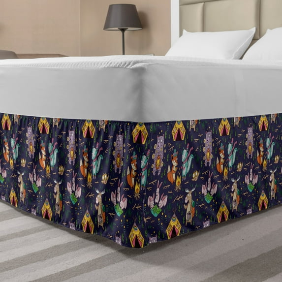 Adventure Nursery Bed Skirt, Camping Concept of Wild Forest Animals Animals Moose Fox Deer and Bear, Elastic Bedskirt Dust Ruffle Wrap Around for Bedding Decor, 4 Sizes, Multicolor, by Ambesonne