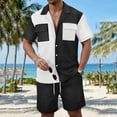 thumbnail image 4 of HBGVBA Men Color Blocked Casual Beach Breathable Elastic Waist Shorts Button Lapel 2 Pocket Short Sleeve Shirt 2 Piece Beach Set, 4 of 5