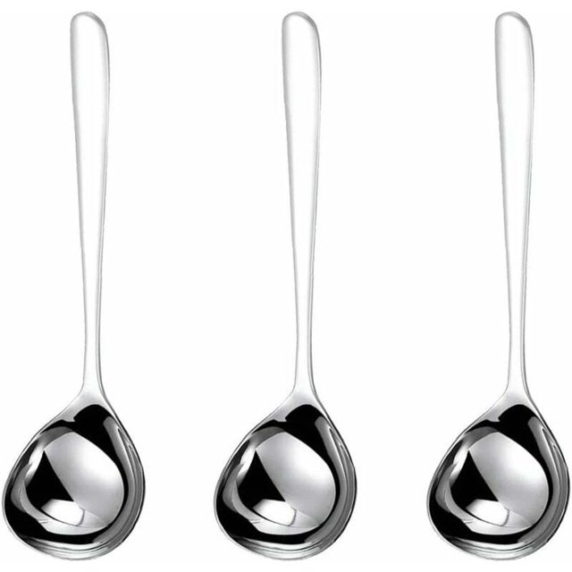 Cucharón para sopa, juego de 3, resistente, de acero inoxidable, de gran volumen, con revestimiento de titanio pulido, para utensilios de cocina (plateado)--