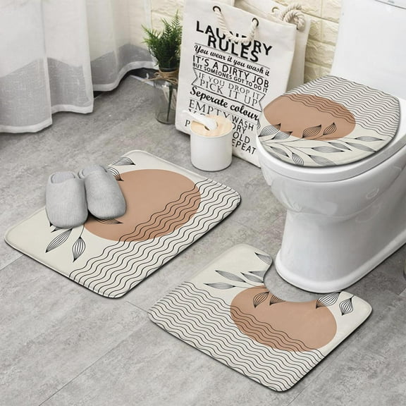 Brown Boho Abstract and Plant Pattern Bathroom Rugs Sets 3 Piece,Toilet Cover Set,Absorbent Non Slip Bathroom Mats Sets with U-Shaped Contour Rug Toilet Rug Set