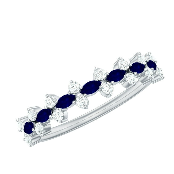 Rosec Jewels Anniversary Ring with Blue Sapphire and Diamond, Half Eternity Ring for Women, 925 Sterling Silver, US 4.00