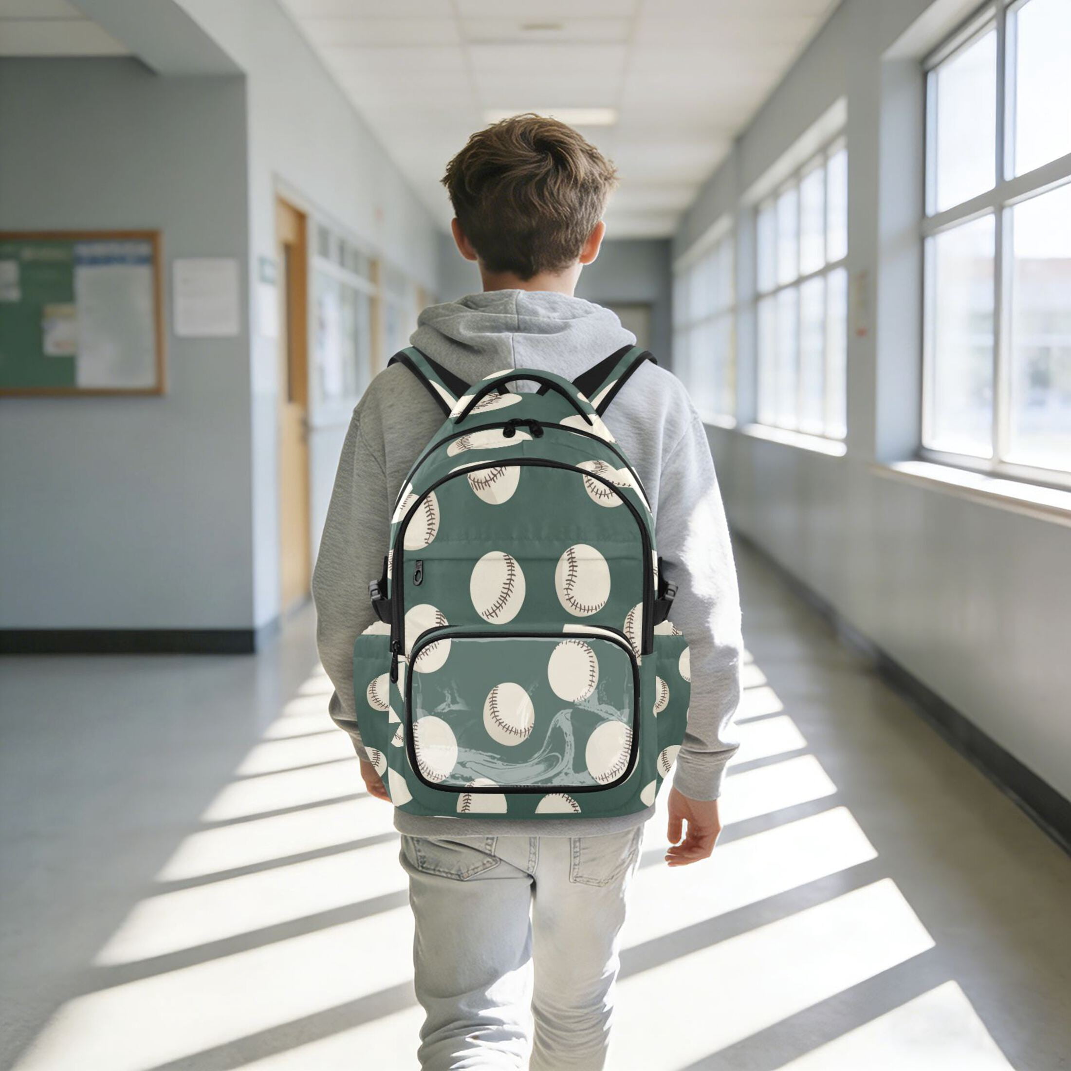 PVC Casual Backpack 25L Daypack with Laptop Compartment Lightweight Travel Backpack for Work Outdoor Activities Green Baseball Pattern