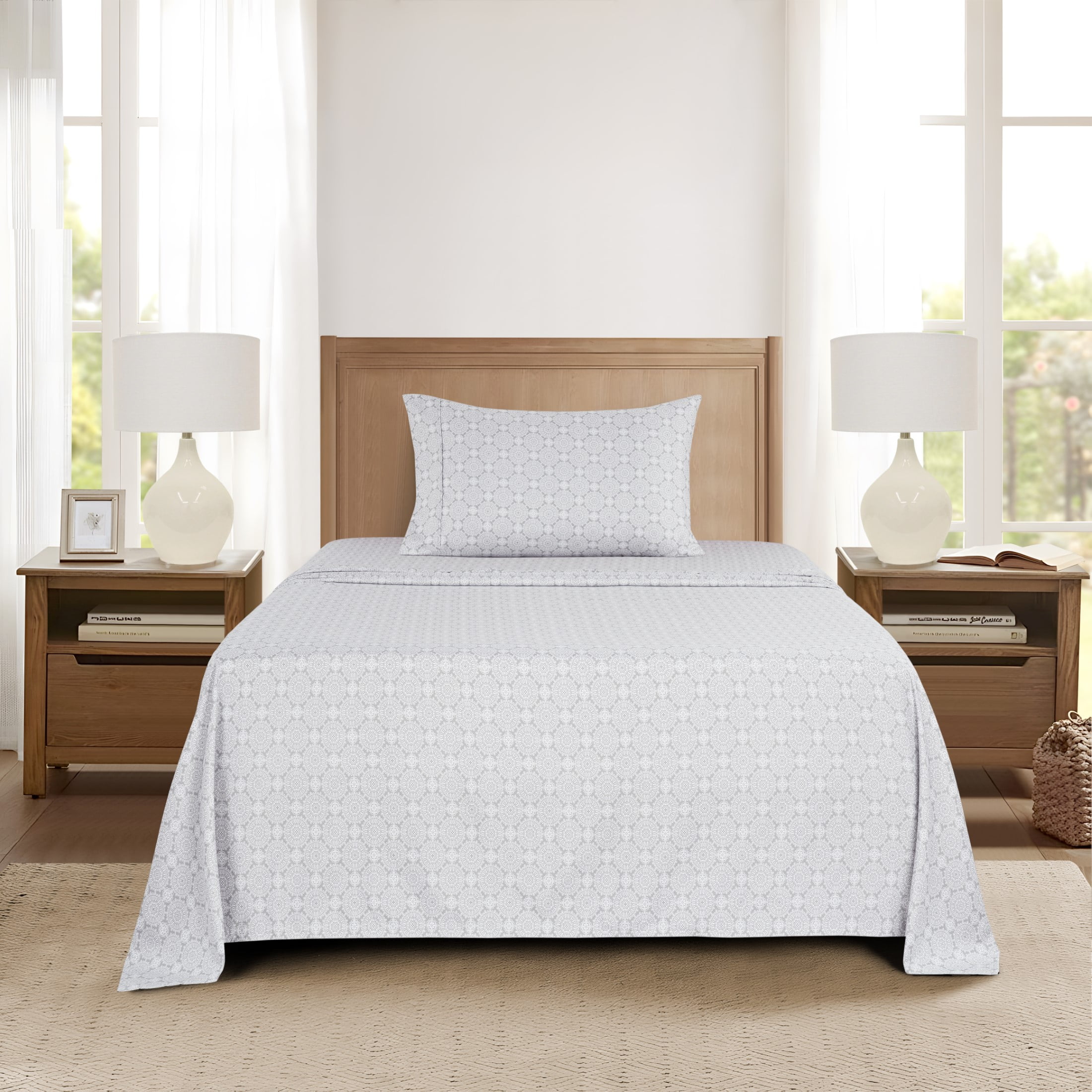 Mainstays Super Soft Brushed Microfiber Bed Sheet Set, Gray Medallion, Twin-XL, 3 Piece