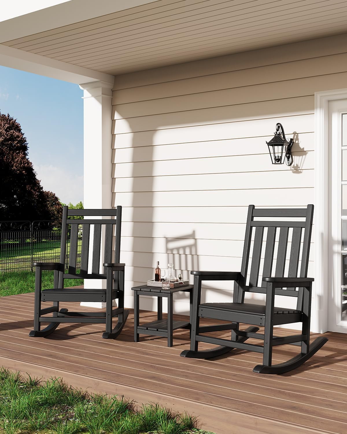 Rocking Adirondack Chair Outdoor, HDPE High Back Porch Rocker Chairs for Adults, All Weather Resistant Furniture for Patio, Black