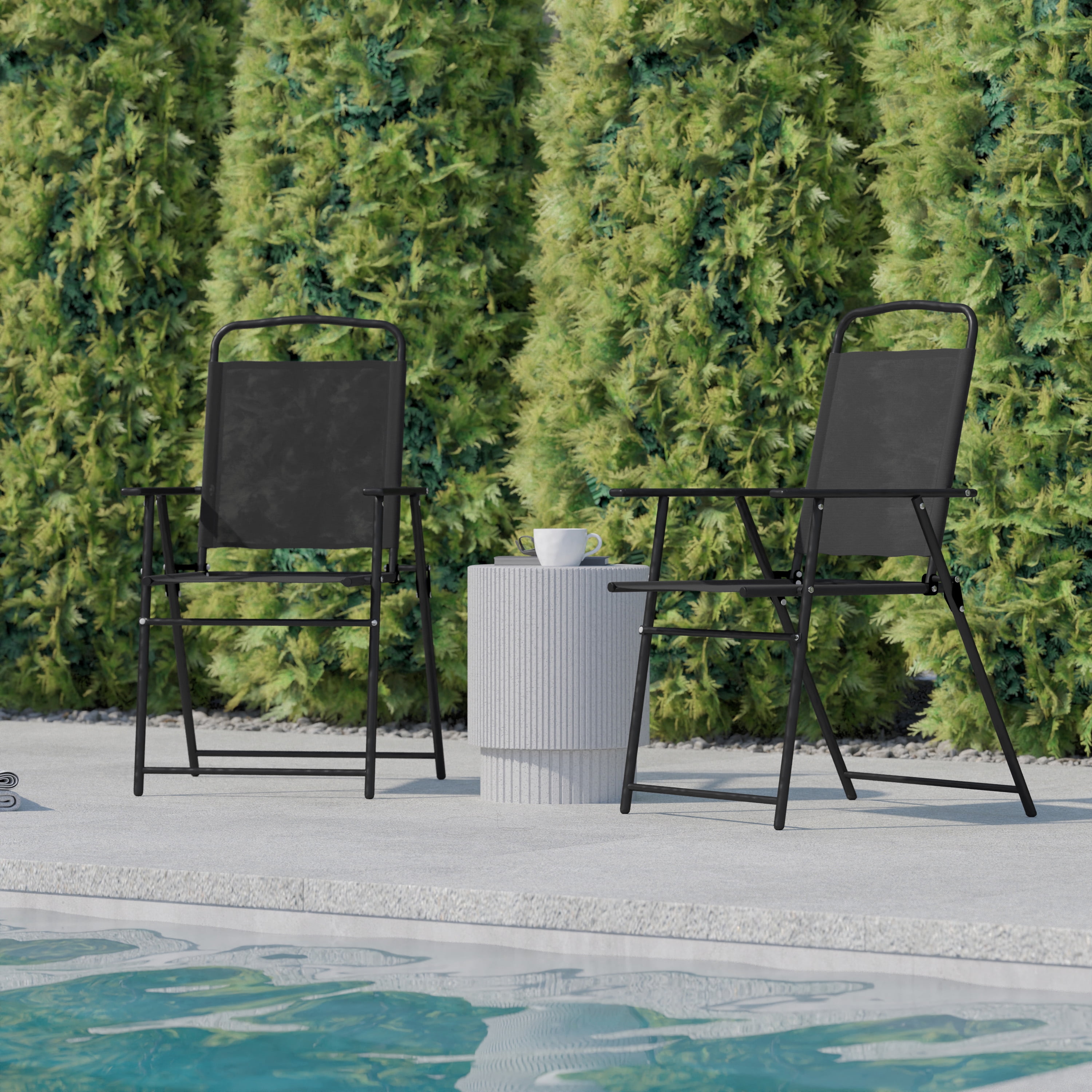 BizChair Set of 2 Folding Patio Sling Chairs, Outdoor Textilene Lawn Chairs with Armrests in Black