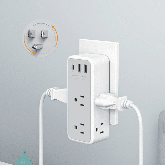 1-Pack Wall with 6 AC Outlets, 3 USB Ports (1 USB-C), 1800J Surge Protector, 360 Rotating Plug, 3-Sided Socket Splitter