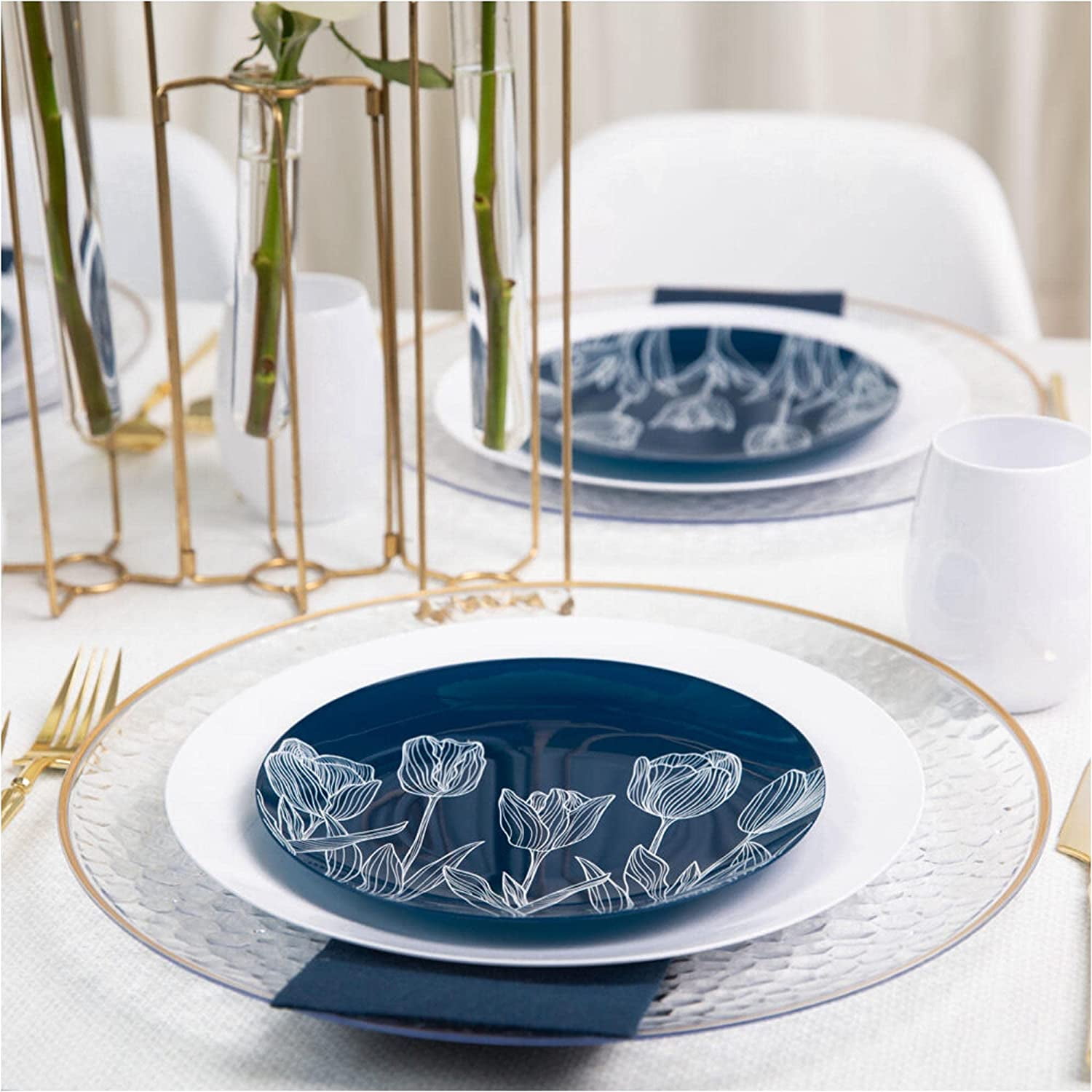 Navy blue plastic plates top