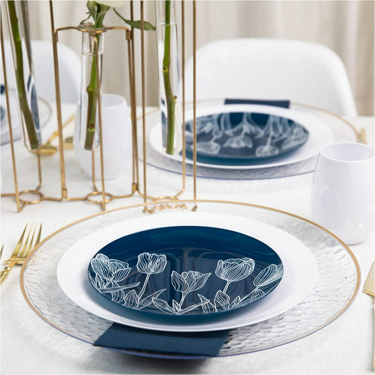 (100 PACK) EcoQuality 7.5 inch Round Navy Blue Plastic Plates with Tulip  Design - Disposable China Like Party Plates, Heavy Duty Dinner Charger