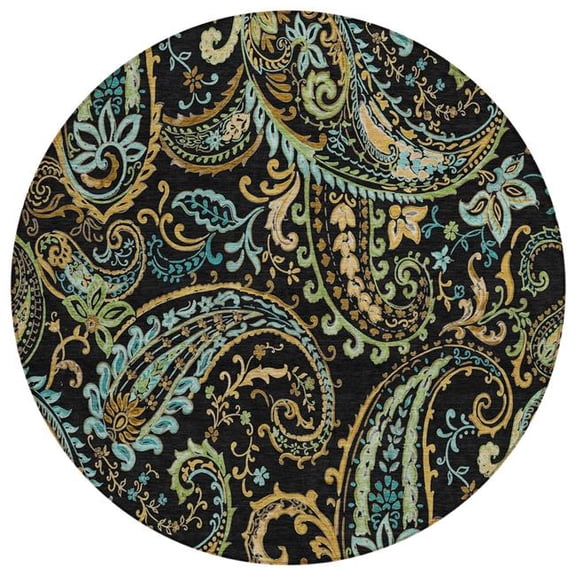 HomeRoots 561388 8 ft. Round Black & Gold Round Paisley Washable Non Skid Indoor Outdoor Machine Woven Area Rug