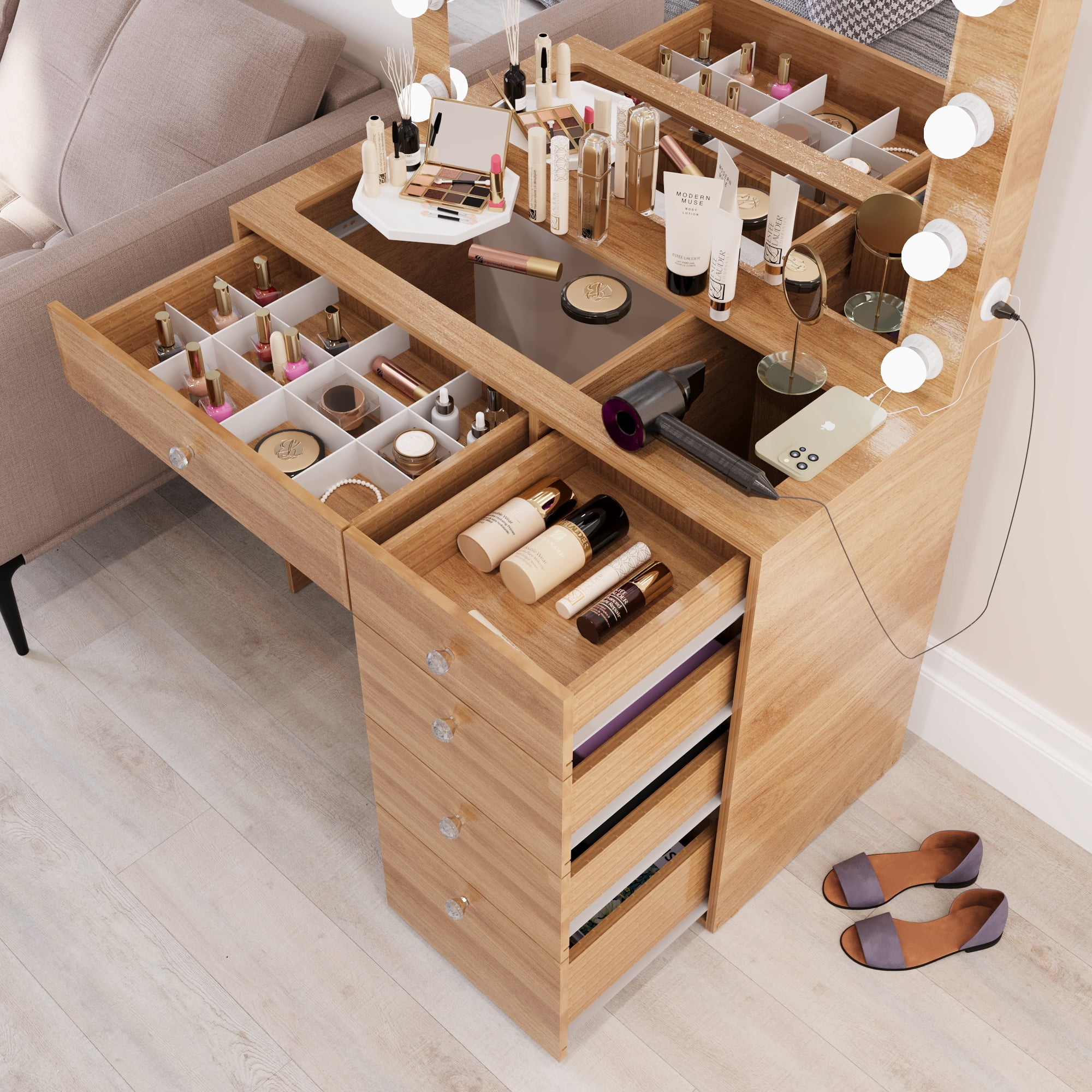Ember Interiors Modern Brown Vanity Desk with Lights and Charging Station