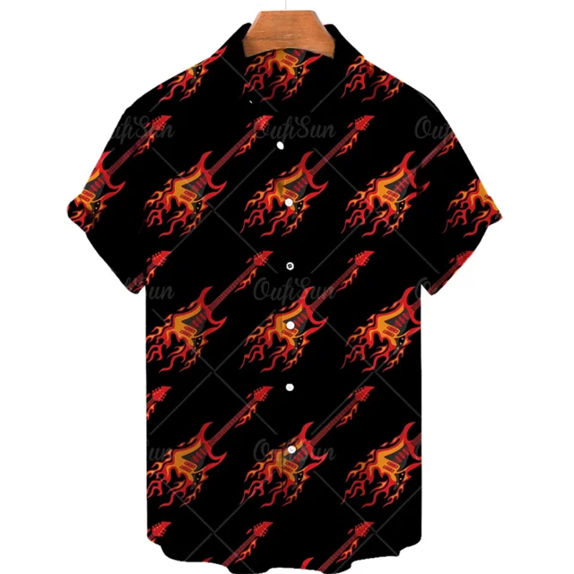 Men's Hawaiian Shirt One Button Shirt Cartoon Musical Instrument Pattern Oversize 3d Printing Loose Short Sleeve Beach Tops
