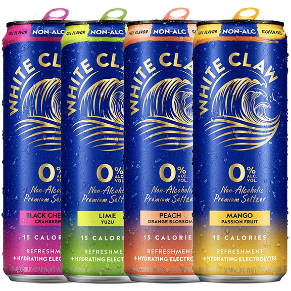 White Claw 4 Pack 0% Alcohol Peach, Mango, Lime and Black Cherry Non-Alcoholic Premium Non-Hard Seltzer | 15 Calories, Gluten Free, Hydrating Electrolytes
