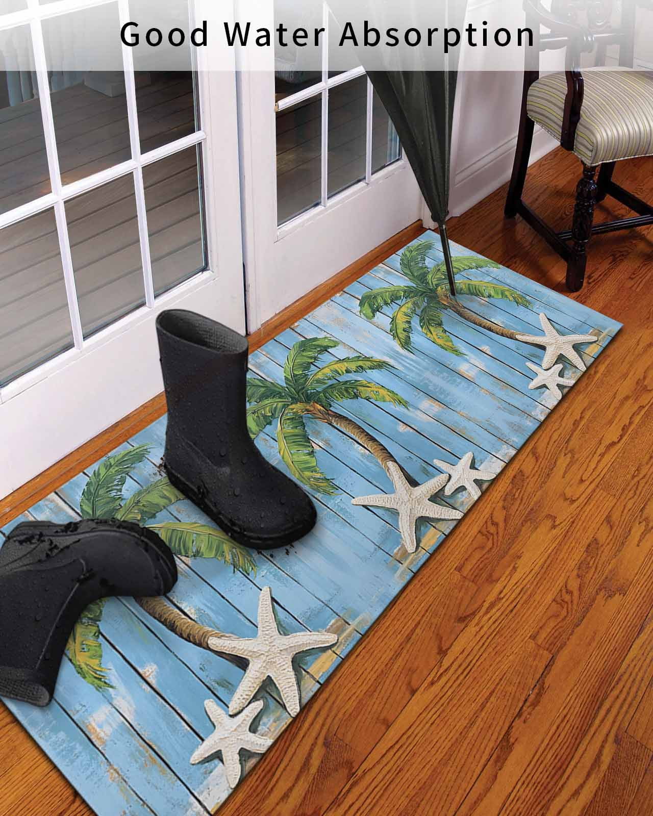 Tropical Plant Front Door Mat Blue Wood Grain Starfish Vintage Welcome Doormat Indoor Outdoor Entrance Floor Mat Non-Slip Washable Runner Rug for Front Porch Decor 24x71 Inch