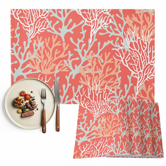 Placemats Set of 4, Red Orange Coral Place Mats Nautical Coastal Marine Life Tablemats Washable Placemat Table Decoration for Kitchen Table Dinner Party Home Decor Indoor Outdoor 13x19 Inch