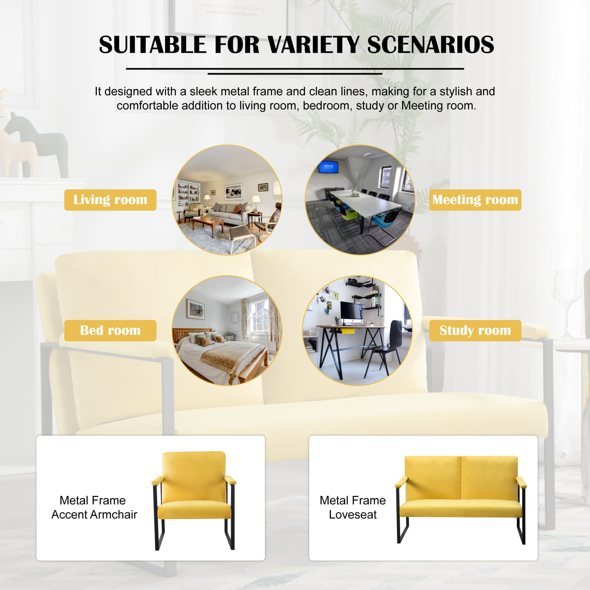 BSHTI Velvet Upholstery Accent Armchair,Metal Frame,Square Arms with Padding,Removable Back Cushion,Easy to Assemble,Yellow