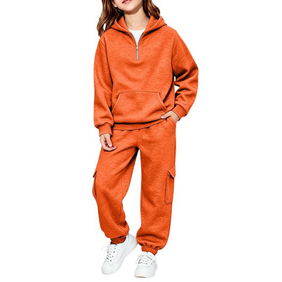 Girls Boys 2 Piece Tracksuit Quarter Zip Pullover Hoodies & Cargo Sweatpants Classic Athletic Sweatsuit Fleece Lined Outfits