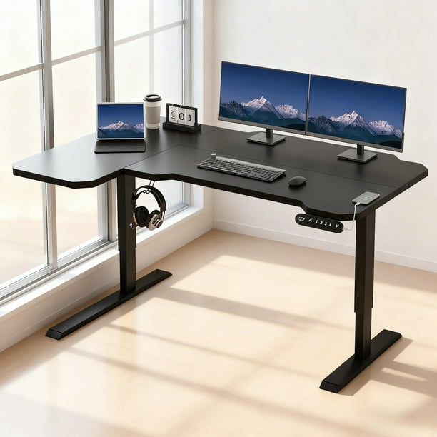 Escritorio Eléctrico en L 59" Ajustable para Home Office,Mesa Ergonómica con Memoria Programable, Motor Silencioso y Sensor Anti-Colisiones, 150 x 100x 68cm(Negro)