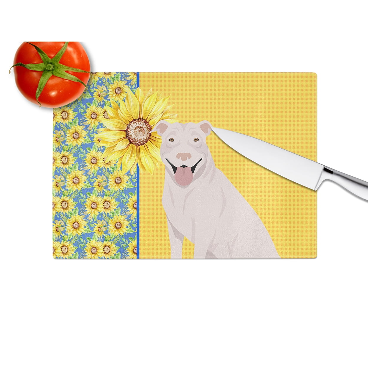 Summer Sunflowers White Pit Bull Terrier Glass Cutting Board Large 12 in x 15 in