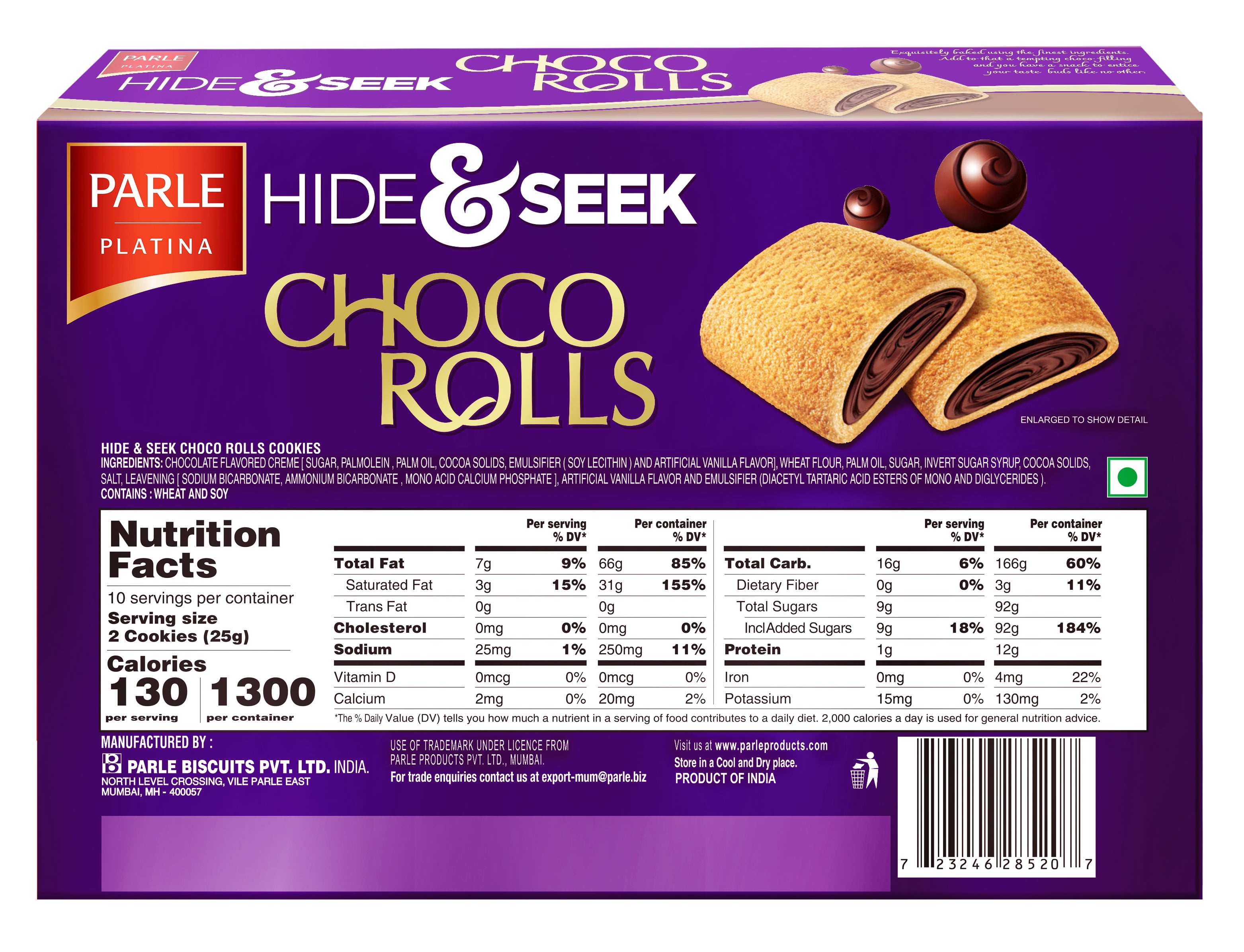 Parle Hide & Seek Choco Roll Cookies, 8.82 oz, 20 Count of 0.88 oz Individually Wrapped Cookies, Ready to Eat