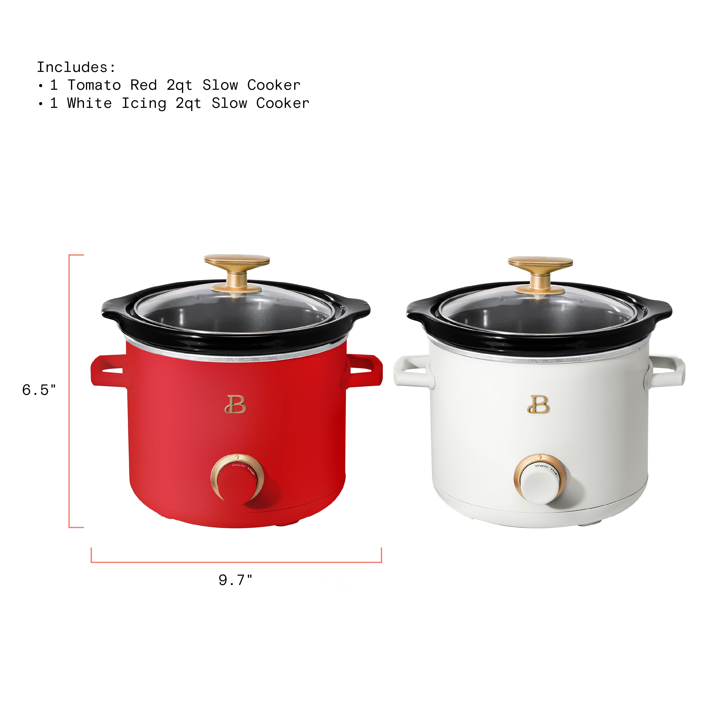 Beautiful 2 Qt Manual Slow Cooker, 2-Pack, Tomato Red + White Icing by Drew Barrymore