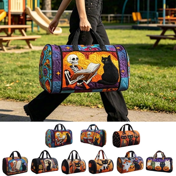 Halloween Tote Gift Bags, Puff Stitching Quilted Halloween Print Tote Bag, Portable Travel Shoulder Handbag
