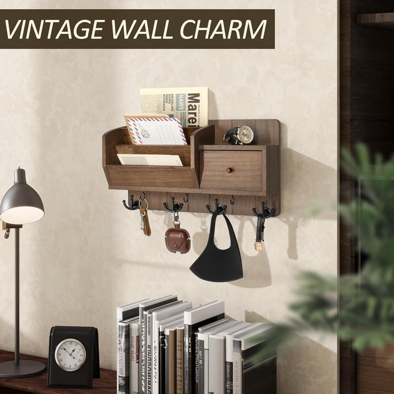 Rustic Key Holder & Mail Organizer - Farmhouse Wall Decor With Hooks, Shelves & Blackboard, White