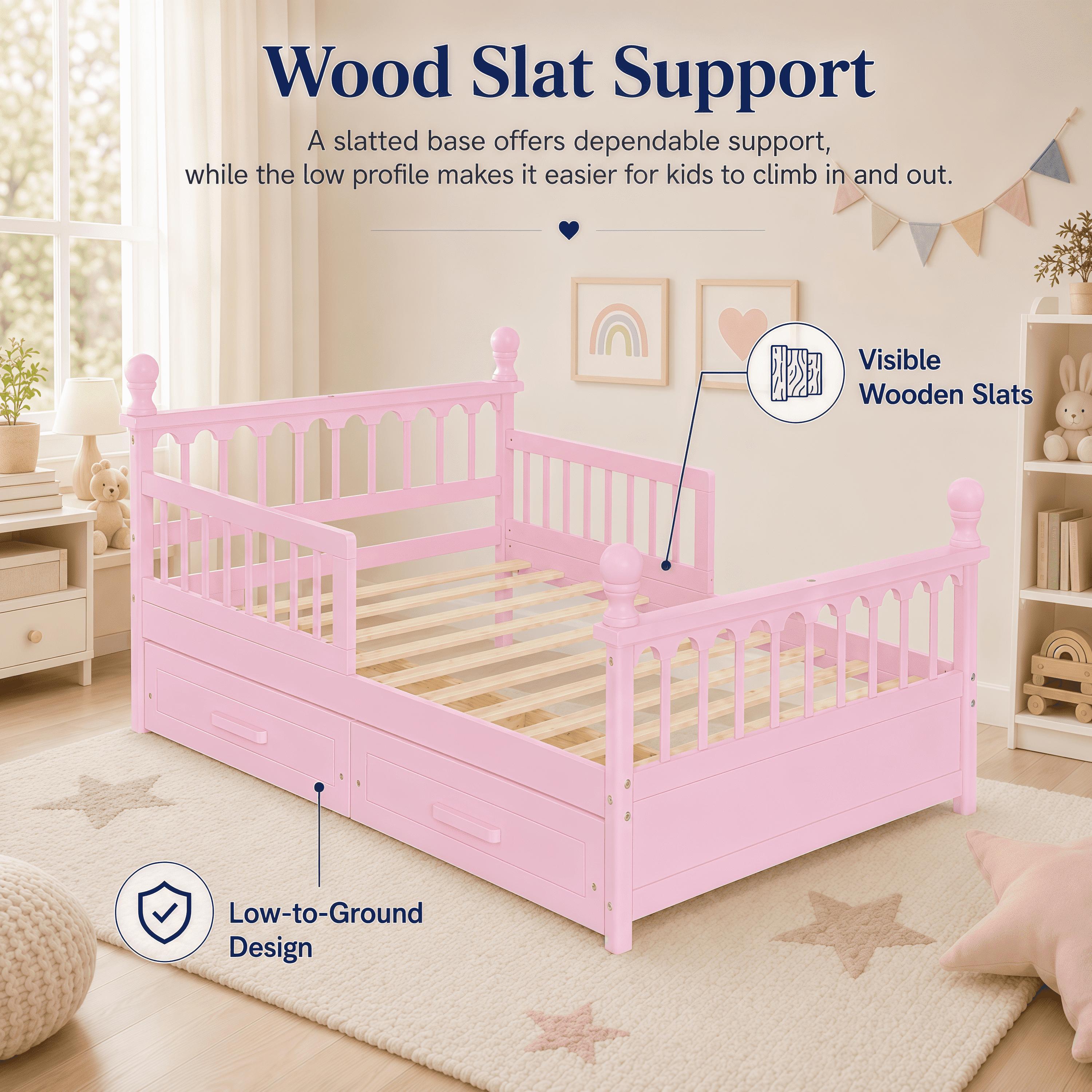 Euroco Wood Twin Size Platform Bed with Drawers, Low Profile Kids Bed with Safety Guardrails, No Box Spring Needed, Pink