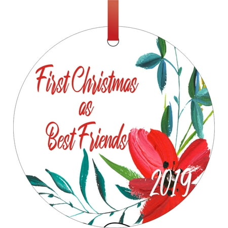 First Christmas as Best Friends 2019 Round Shaped Flat Semigloss Aluminum Christmas Ornament Tree Decoration - Unique Modern Novelty Tree Décor (Best Work Flats 2019)