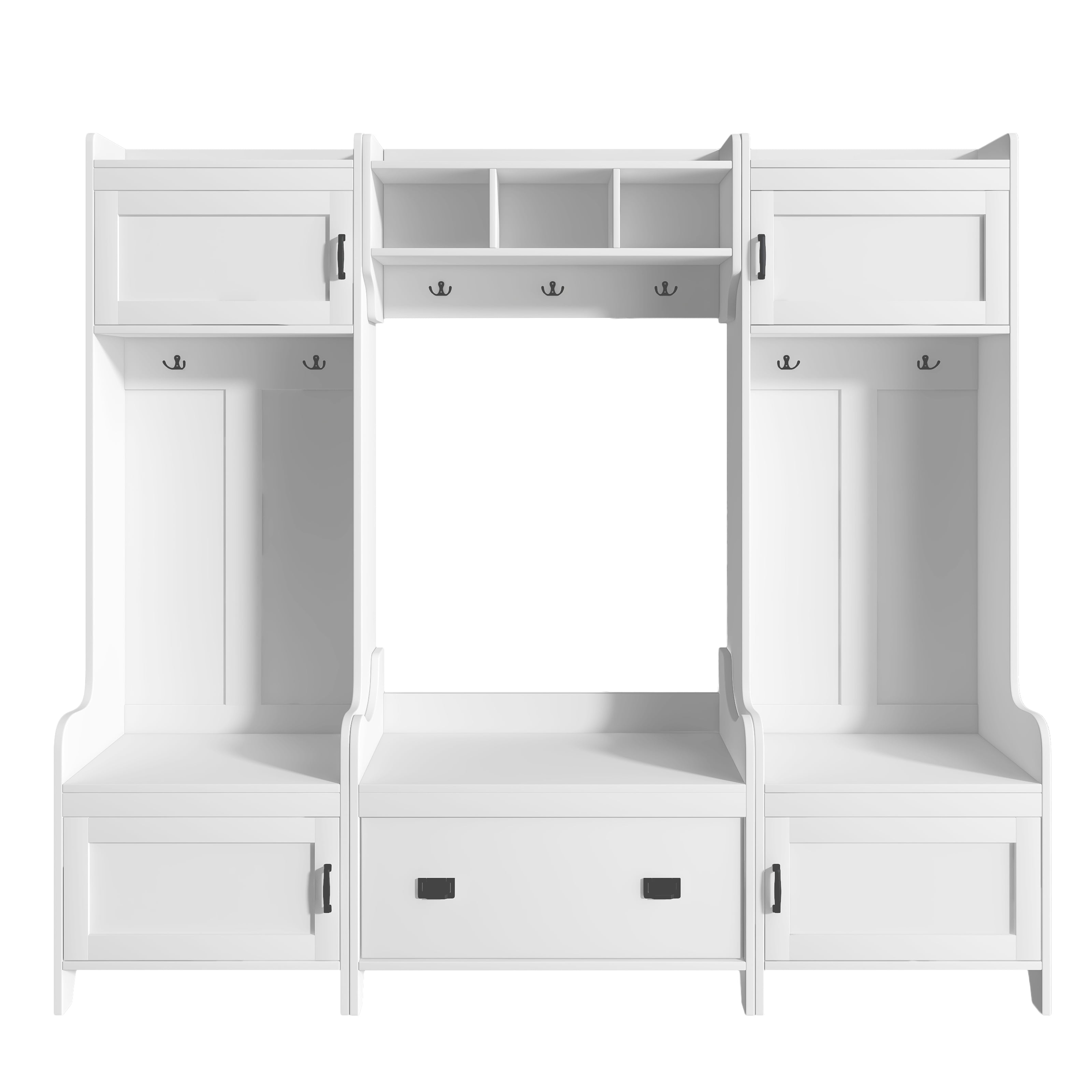 MAYEERTY Modern 4-in-1 Hallway Coat Rack: Bench, Storage Drawer, 7 Hooks, White