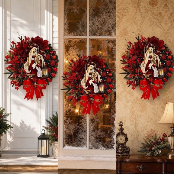BSJJY Holy Family Christmas Wreath, Red Floral Berry Door Decor with Nativity Scene, Religious Wall Hanging Ornament