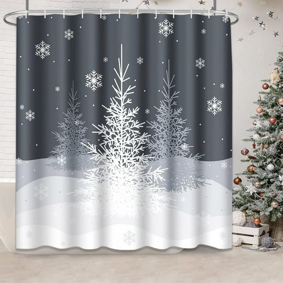 Christmas Shower Curtain, Gray Winter Christmas Trees Grey White Snowflake Waterproof Fabric Bathroom Shower Curtain Set with 12 Hooks 72"X72"