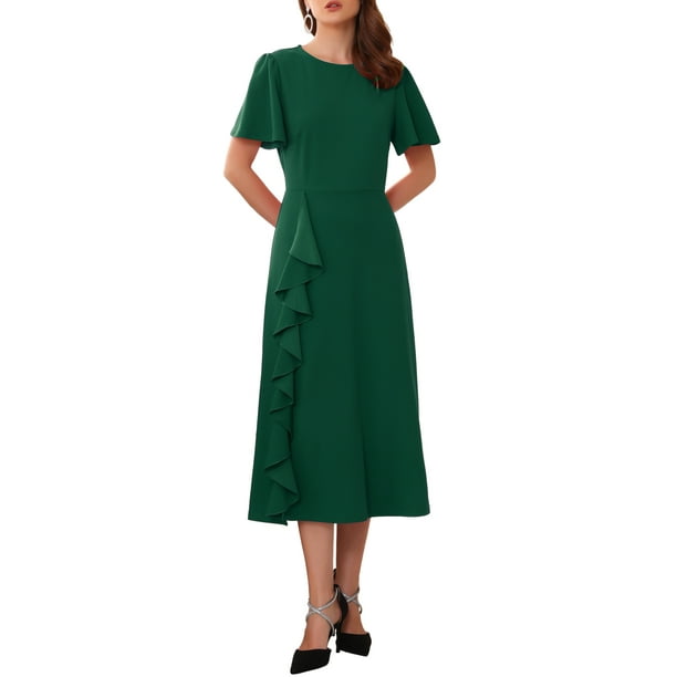 Vestido de Raso para Mujer con Volantes para Invitadas de Boda, Cuello Redondo, Manga Corta, Formal, Cóctel, Midi, S Verde Oscuro