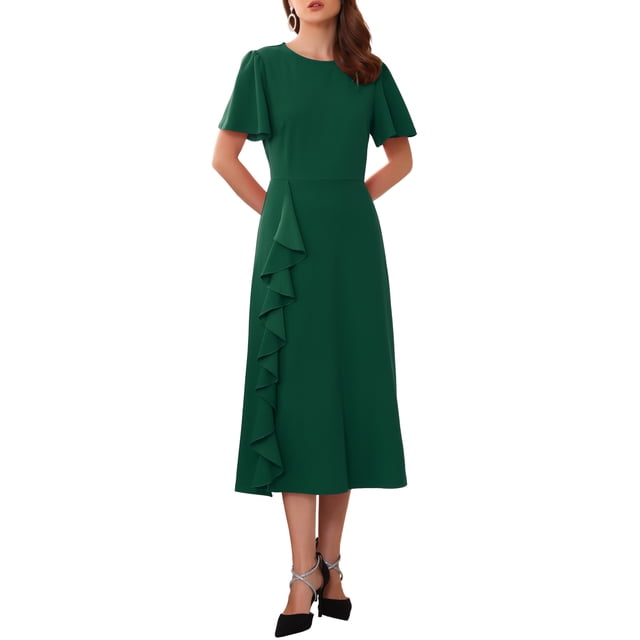 Vestido de Raso para Mujer con Volantes para Invitadas de Boda, Cuello Redondo, Manga Corta, Formal, Cóctel, Midi, S Verde Oscuro