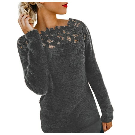 

Bospose Long Sleeve Shirt Women Corset Shirt Lace Top Women Solid Splicing Hollow Out Off Shoulder Plush Blouse Sweater Top Lady One Shoulder Panel Sweater Top Dark Grey Xl