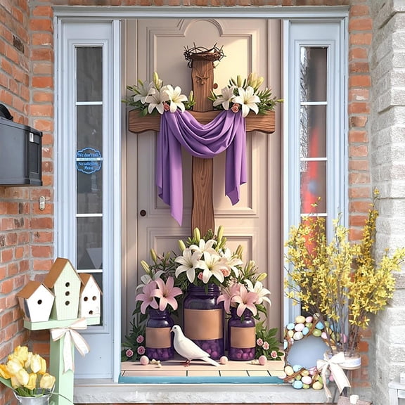 syligr Easter Door Cover Curtain with Hanging Cloth Flag, 35 x 71 Inch Polyester Fabric Waterproof Holiday Decoration for Indoor Outdoor Party Front Entryway Wall Tabletop Home Decor