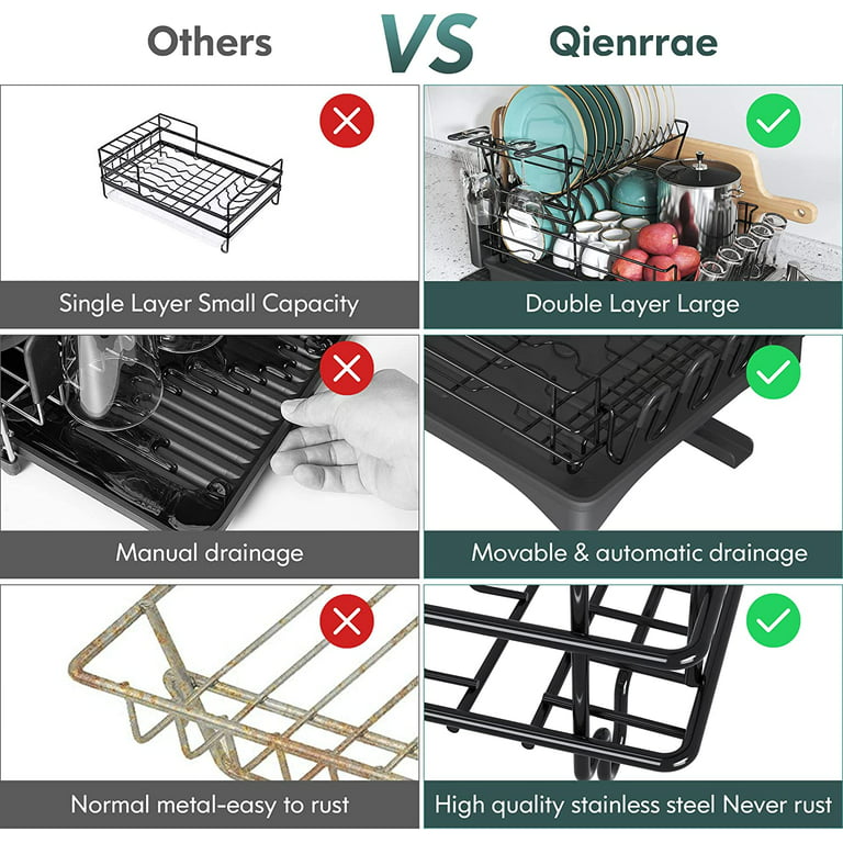 Qienrrae Dish Drying Rack, 2 Tier Large Dish Rack and Drainboard