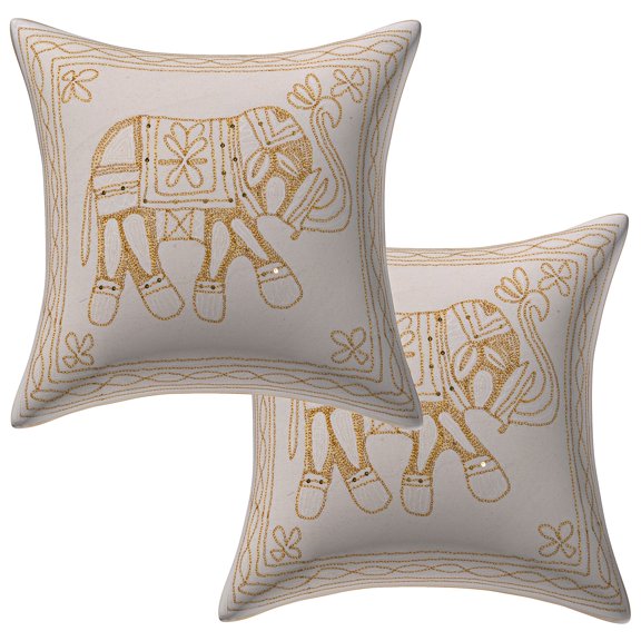 Stylo Culture Ethnic Chair Seat Throw Pillow Covers 16x16 Elephant Gold Thread Embroidered White Gold Indian 40 x 40 cm Home Decor Cotton Square Cushion Covers | Set Of 2