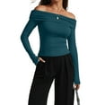 thumbnail image 2 of Women'S Off Shoulder Tops Dressy Casual Slim Fit Long Sleeves Spring Fall Blouse Going Out Shirt Peacock Green L, 2 of 8