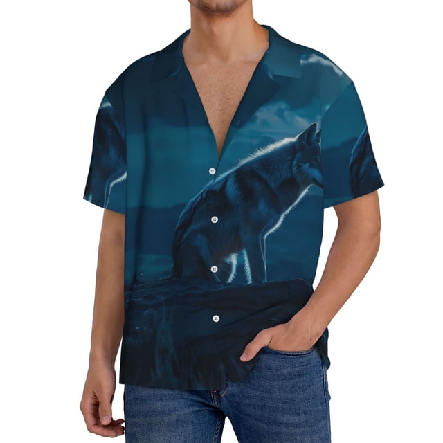 Fotbe Lonely Night Wolf Camisa Estampada de Manga Corta para Hombre, Casual de Verano, Estilo Playero, Sin Arrugas-X-Large