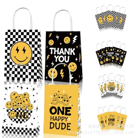 20Pcs One Happy Dude Party Favor Bags Smile Facee Lightning Paper Gift Bags with Handles Checkered Goodie Treat Bags for Baby Shower Birthday Party Supplies