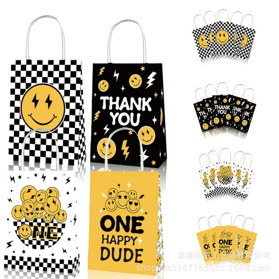 20Pcs One Happy Dude Party Favor Bags Smile Facee Lightning Paper Gift Bags with Handles Checkered Goodie Treat Bags for Baby Shower Birthday Party Supplies