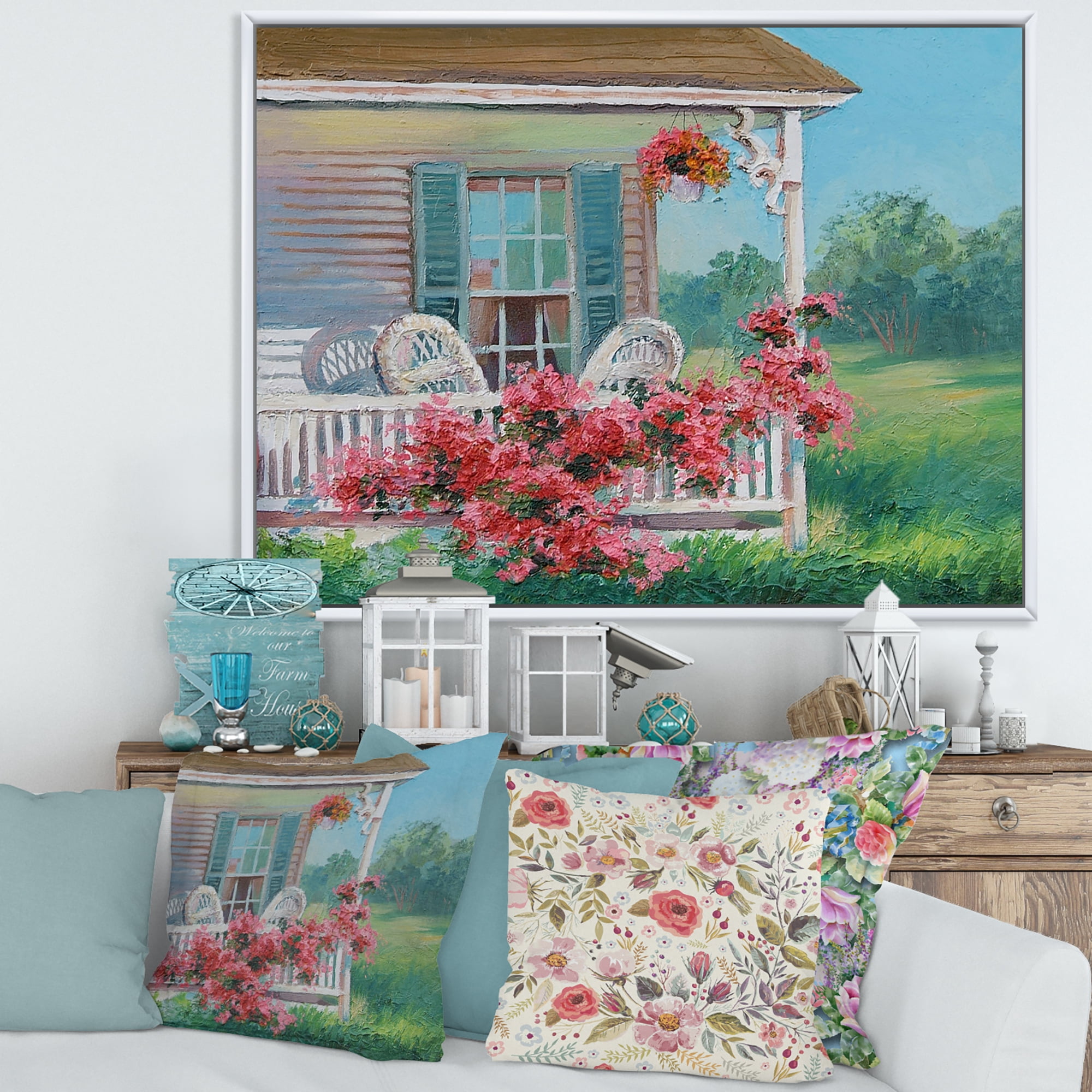 Patio & Blossiming Red Flowers With Wooden House 32 in x 16 in Framed Painting Canvas Art Print, by Designart