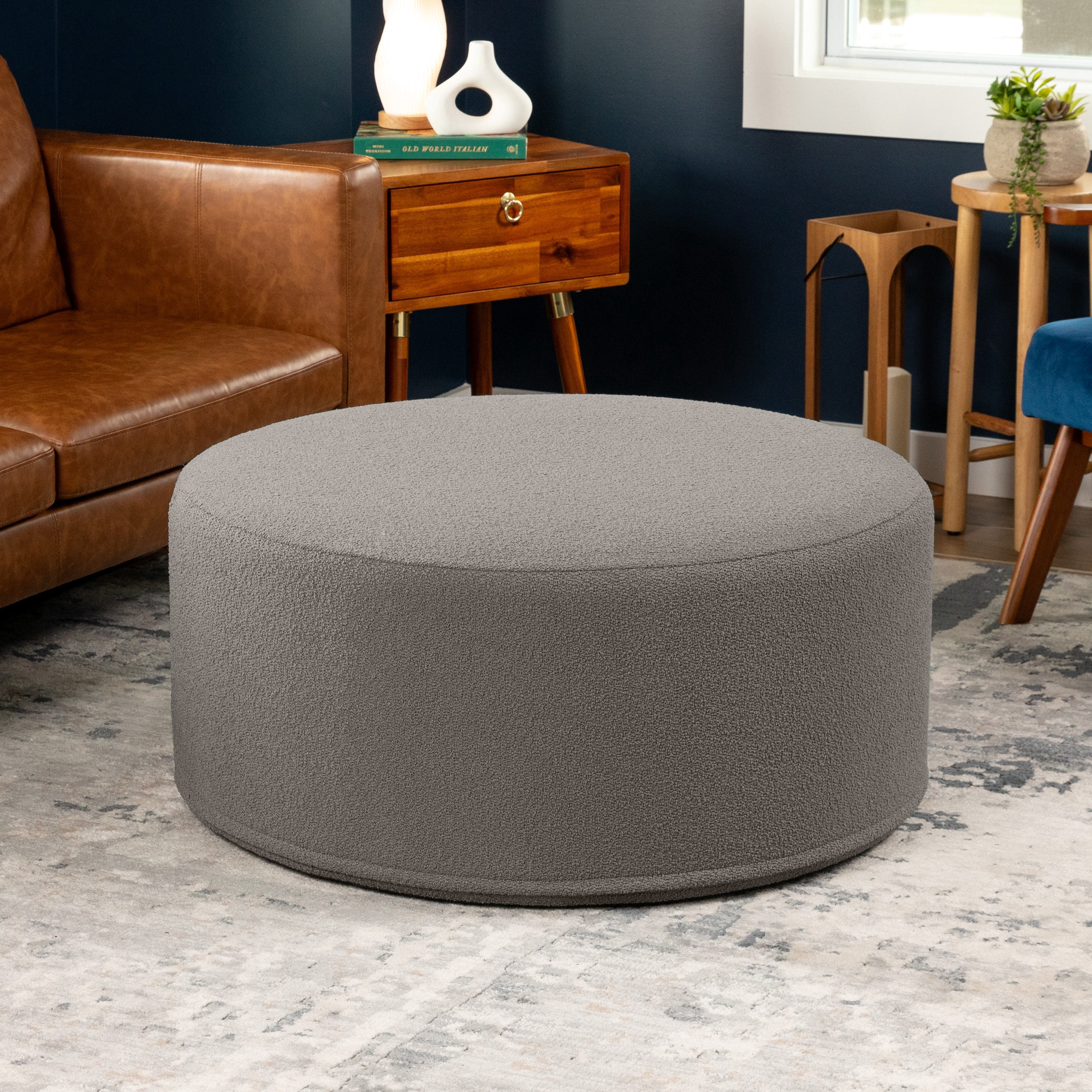 Jaxx Candler Round Coffee Table Ottoman, Large, 36-Inch, Boucle Dark Grey