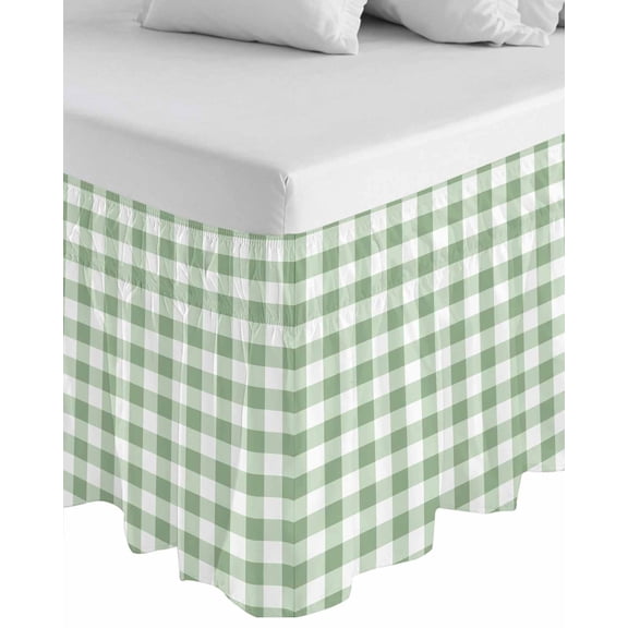 Sage Green Buffalo Plaid Wrap Around Bed Skirts for Queen Bed 18" Drop,Bed Skirt with Adjustable Elastic Belt Dust Ruffle Bed Valance for Bedroom Hotel Green White Checkered Farmhouse Bed Frame Cover