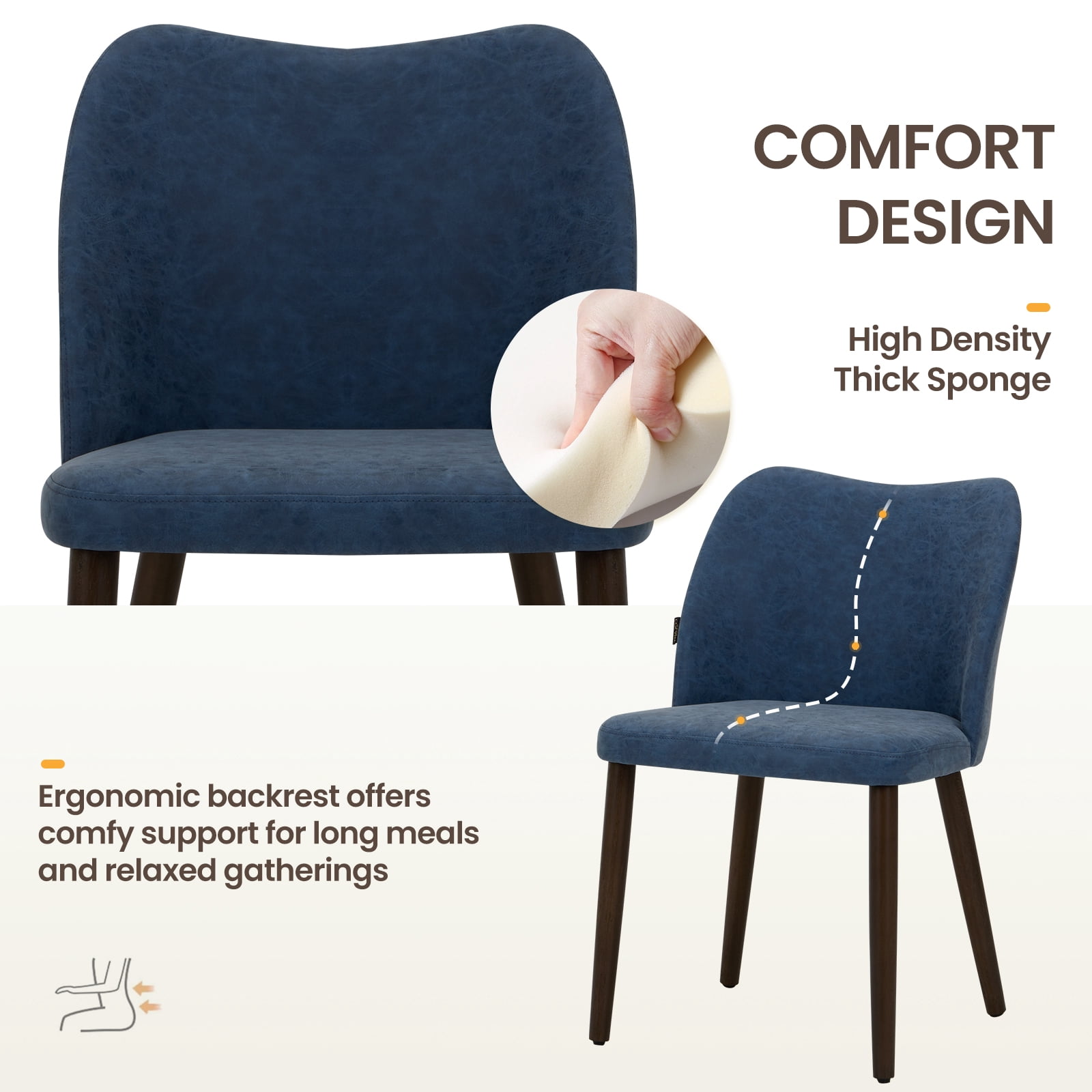 EOP Upholstered Dining Chairs Set of 2, Mid Century Modern Dining Room Chairs, Fabric Farmhouse Dining Side Chairs with Wood Legs, Armless Kitchen Chairs with Wingback, Blue