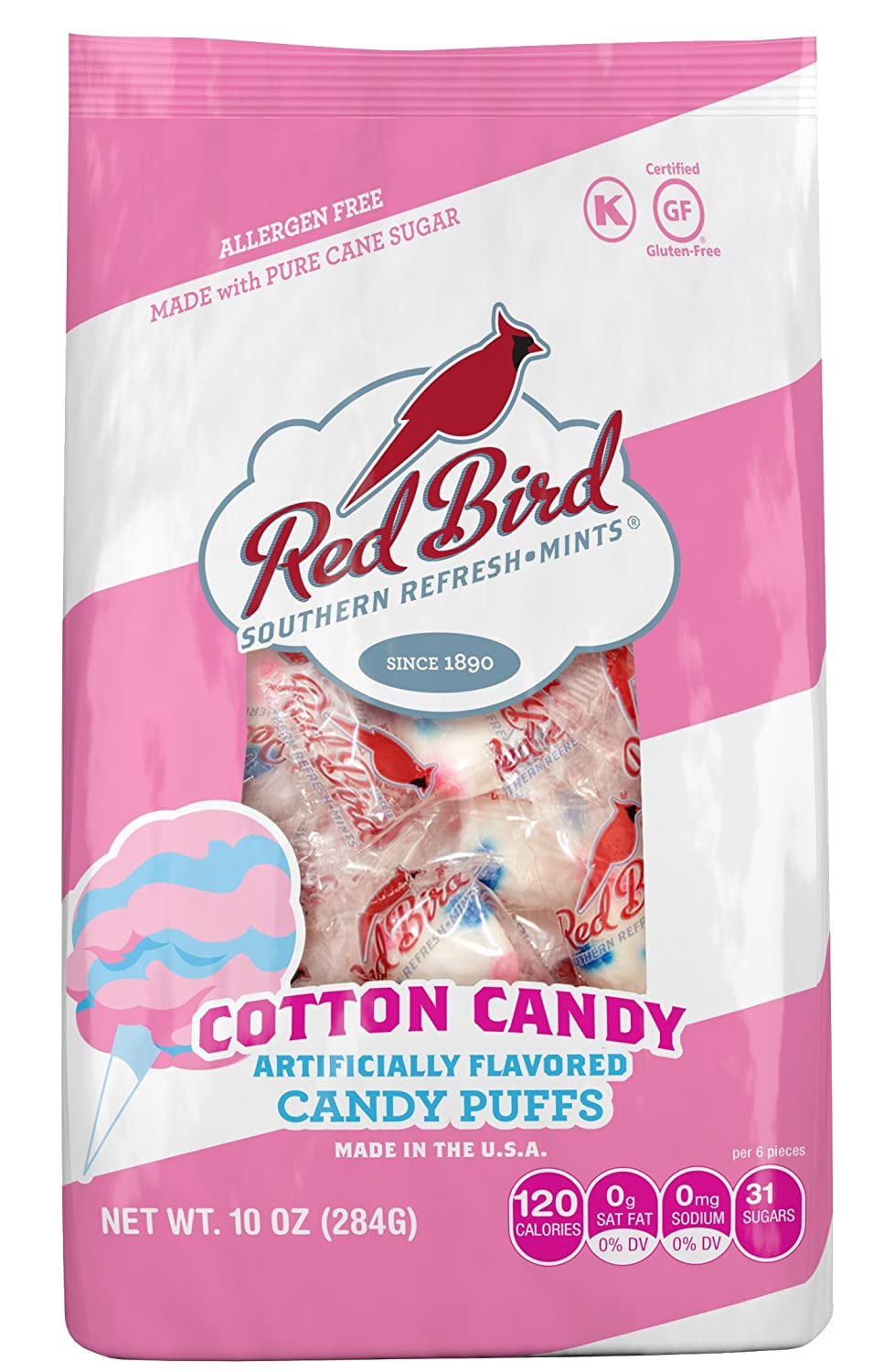 Red Bird Southern Refresh-Mints Cotton Candy Puffs, 10 oz bag | Made w/100% Pure Cane Sugar | Allergen-Free, Gluten-Free, Kosher and Individually